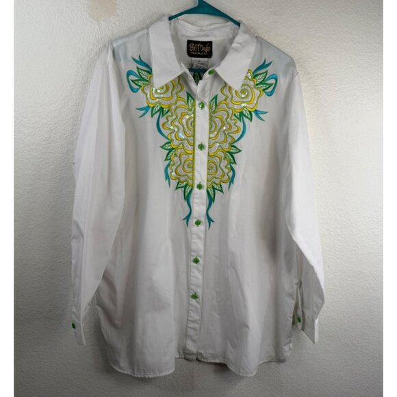 Bob Mackie Wearable Art Tops - NWT Bob Mackie Wearable Art Top White Sz 1X Button Up Flower Embroidered Sequins